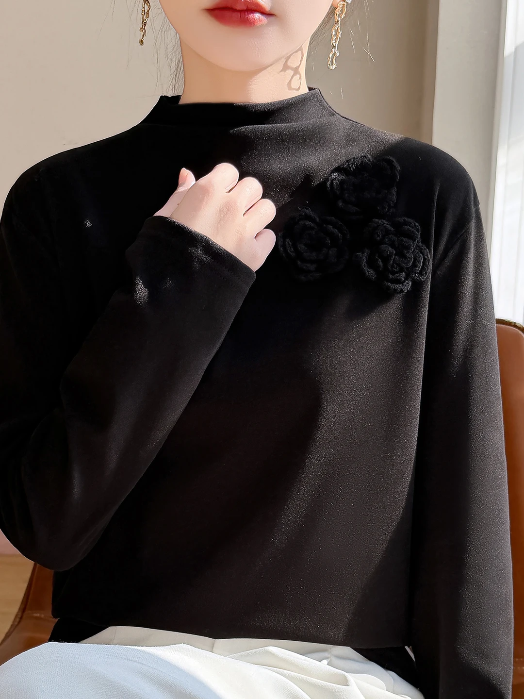 Ele Autunno Inverno Maglione lavorato a maglia da donna Slim Fit High Ne Design floreale 3D Base calda Tessuto morbido in poliestere