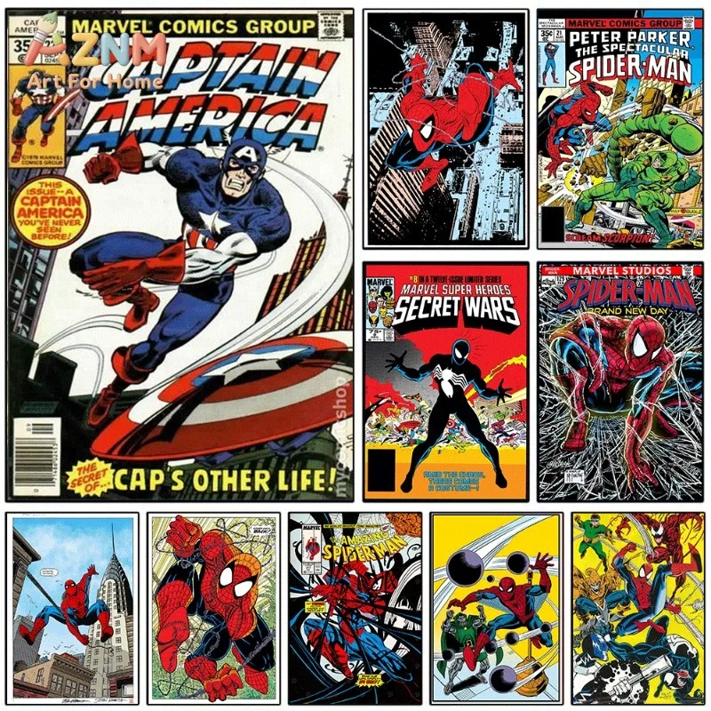 Captain America Spider Man Canvas Wall Art Unframed Vintage Comic Cover Superhero Poster Print Home Bedroom Game Room Decor Gift