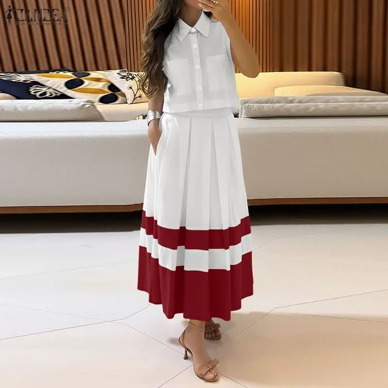 ZANZEA Damen-Anzug mit elegantem Kontrastfarben-Rock, ärmellose Crop-Shirts und lange A-Linien-Röcke, 2-teilige Sets, Outfits für Damen