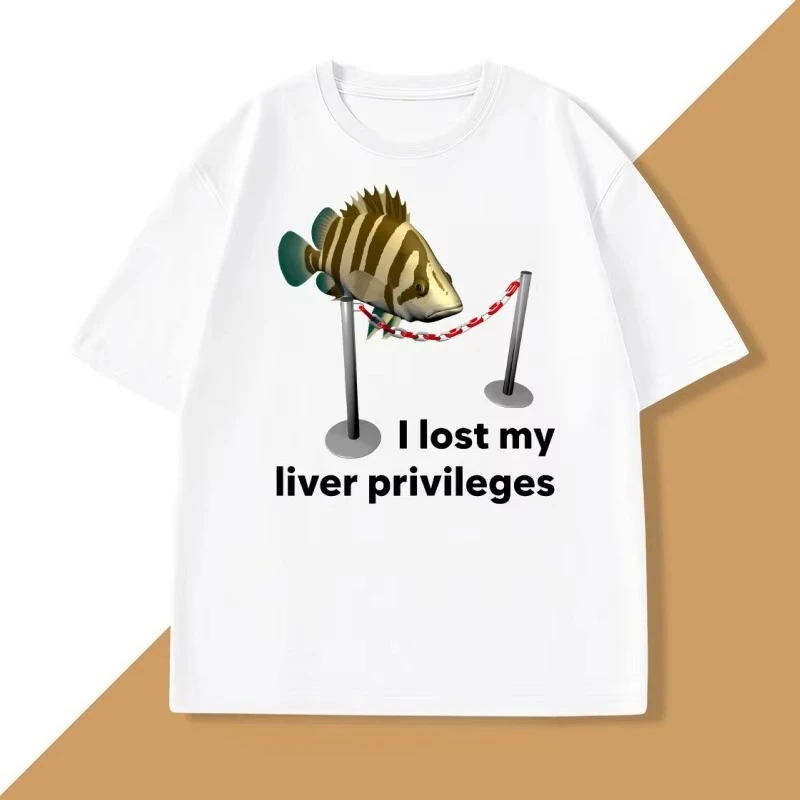 I Lost My Liver Privileges Cursed Fish T Shirt Funny Fish Meme T-Shirt Unhinged Summer Short Sleeve Cotton Tshirt Mens Clothing