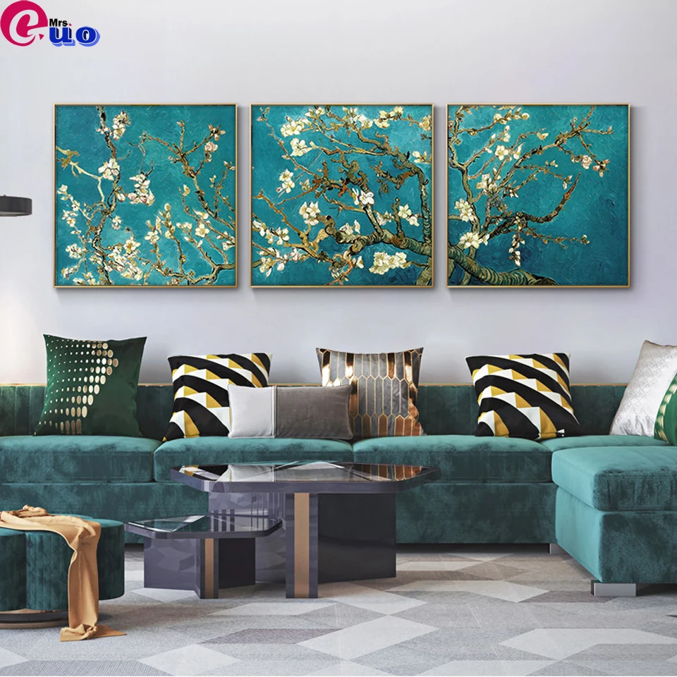 3Pcs Van Gogh Almond Blossom Diy Diamond Painting Impressionist Flowers Diamond Mosaic Embroidery For Living Room Decor Triptych