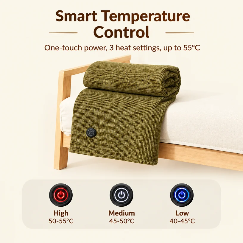 Knitted jacquard electric blanket shawl, USB heated with smart three-level temperature control, machine washable