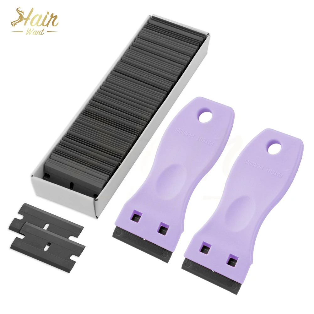 Hair Want 2Pcs Plastic Scraper with 100 Pcs Blades Double Edge Razor Blade Scraper for Removing Labels Stickers Decals