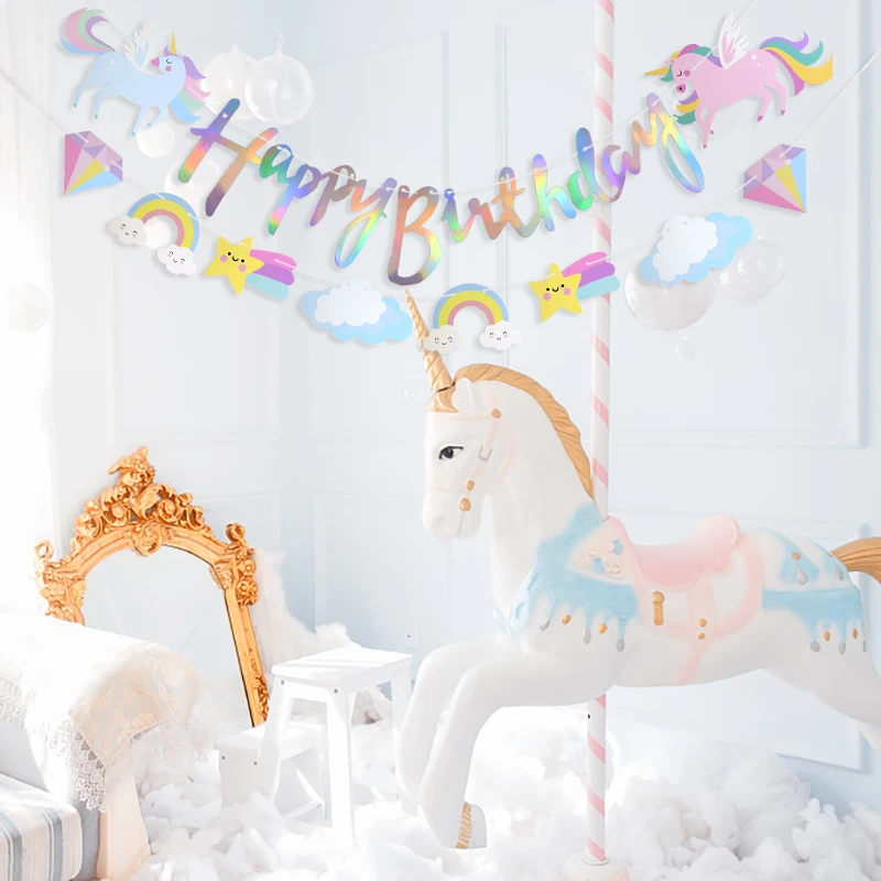 Pancarta de fiesta de unicornio, guirnalda de papel de feliz cumpleaños, banderines para niños, tema de unicornio, decoración de fiesta de