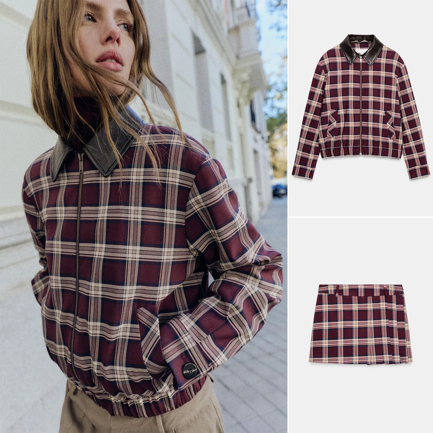 Leather Effect Plaid Pilot Jaet Coat Low Waist Wide Pleat Skirt Pants 2 Piece Set Casual Sle Winter Faion Women's Outfit