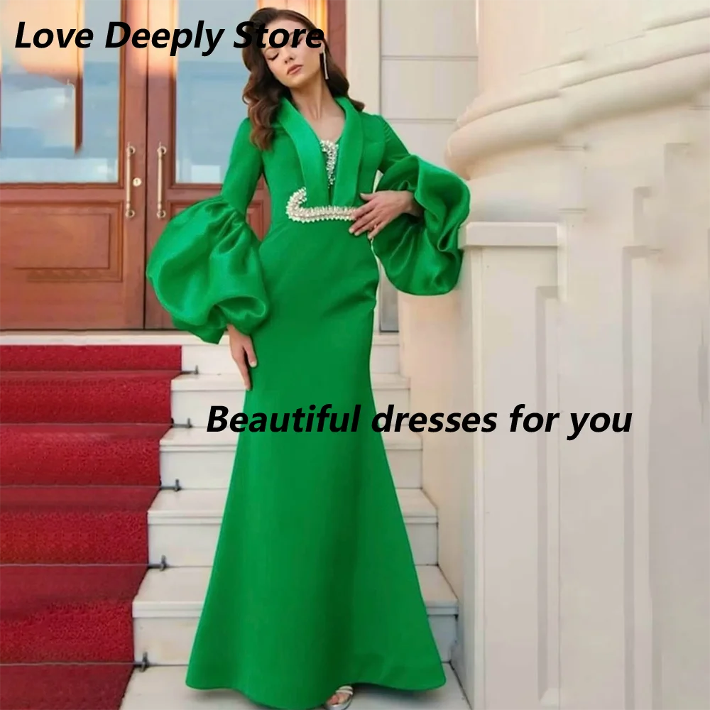 

Green Formal Evening Dress Customized V-Neck Long Sleeves Crystal Jersey Mermaid Wedding Party Dress Floor Length Prom Gown