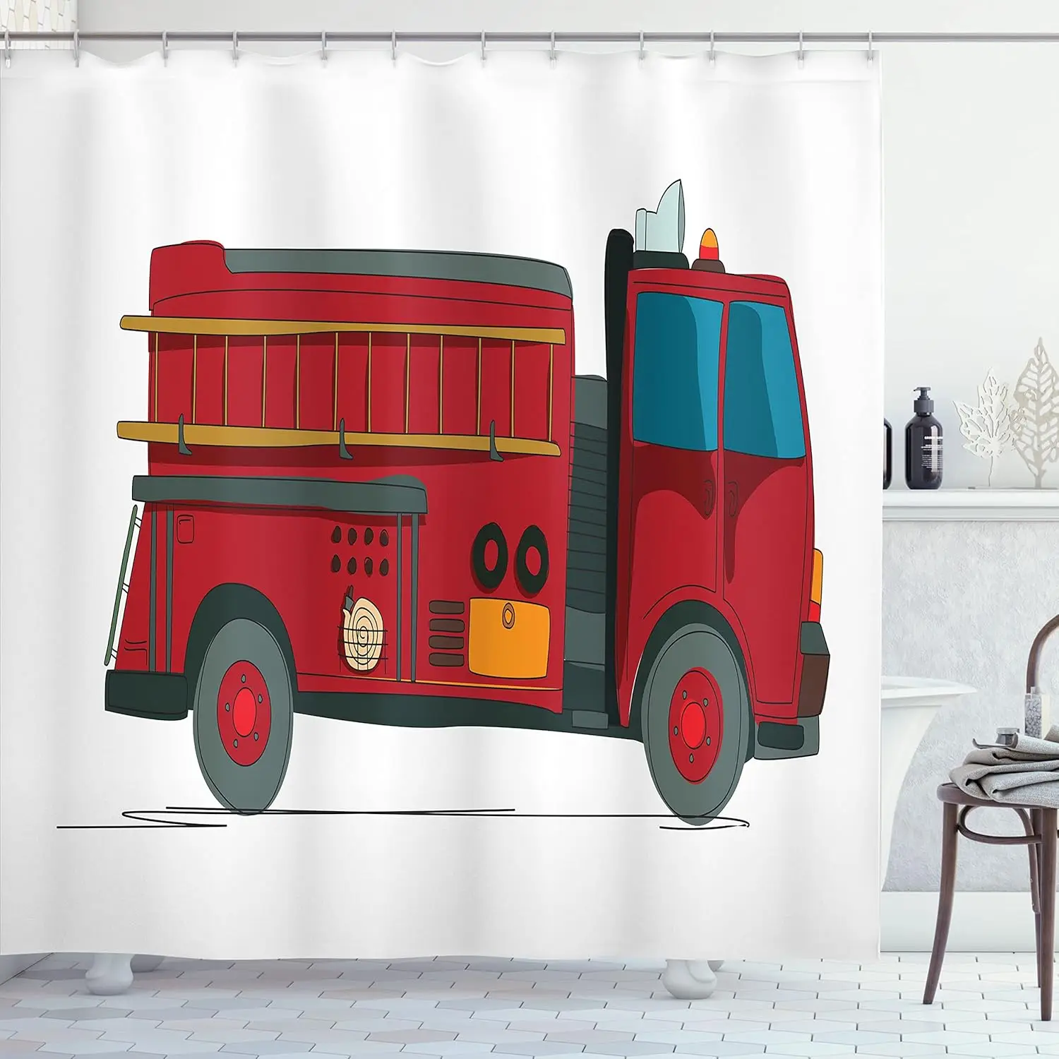 

Red Fire Truck Shower Curtain Cartoon Vehicle Kids Bathroom Decor Linen180x230
