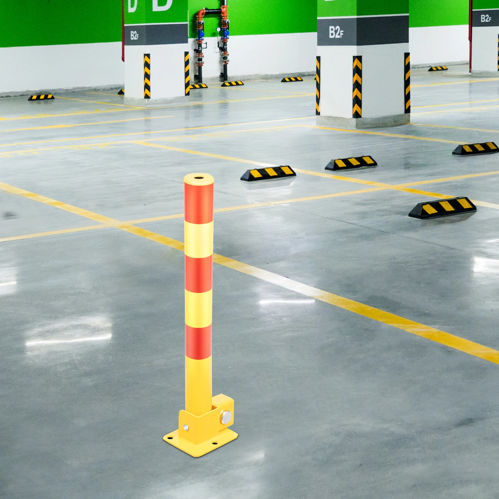 Parking Barrier Parking Lock Folding Heavy Metal Parking Obstacle Pile with Warning Stripes, Parking Piles