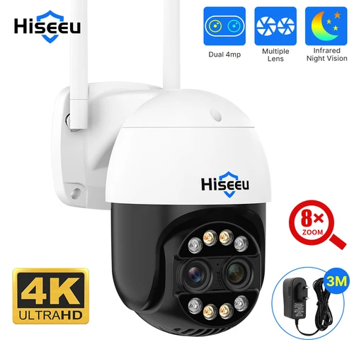 Hiseeu 4K 8MP lente Dual PTZ Wifi cámara IP 8X Zoom exterior HD a todo Color visión nocturna detección humana cámaras de videovigilancia