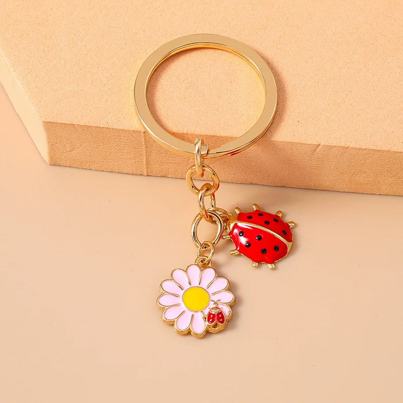 Aihua Schöne Gänseblümchen Blume Marienkäfer Schlüsselbund Blumen Marienkäfer Schlüsselring Ketten Für Frauen Männer DIY Handgemachten Schmuck Machen Geschenke – Detail 2