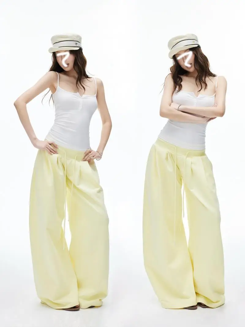 

Fashionable Casual Camisole Set For Women, Featuring A Deep U-Neck Open Top Camisole And Loose Floor Pants, Two Piece Set