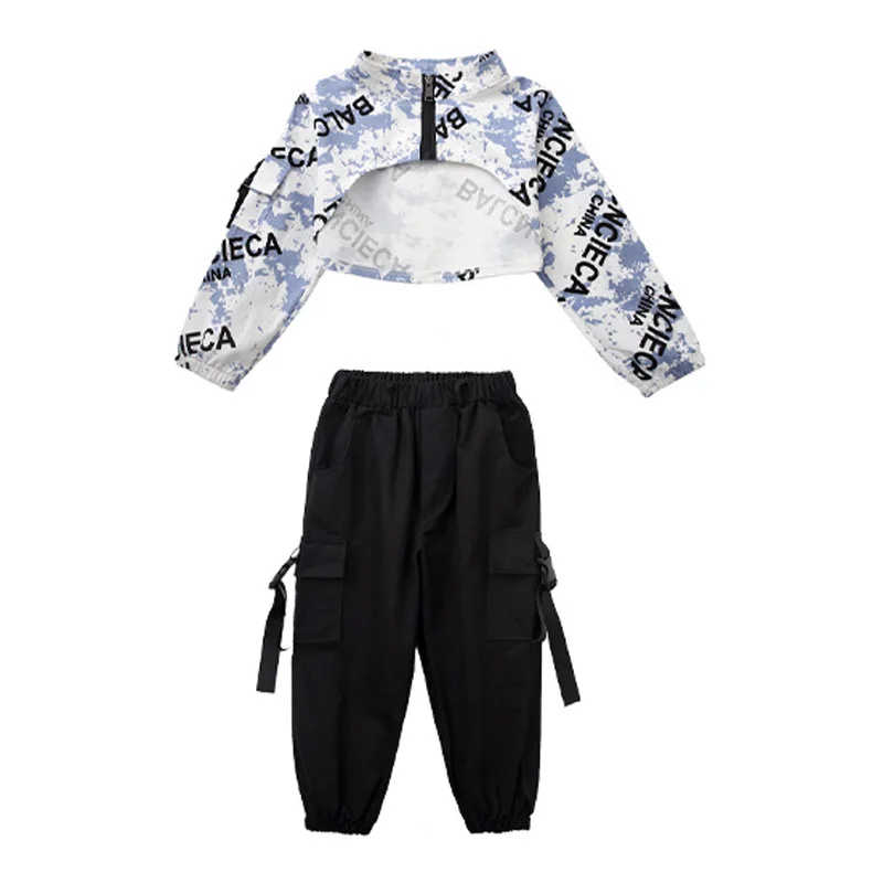 Hip Hop Girls Contrast Crop Top Cargo Pants Child Jazz Streetwear Sweatshirt Kids Street Dance Cheerleader Clothes Set