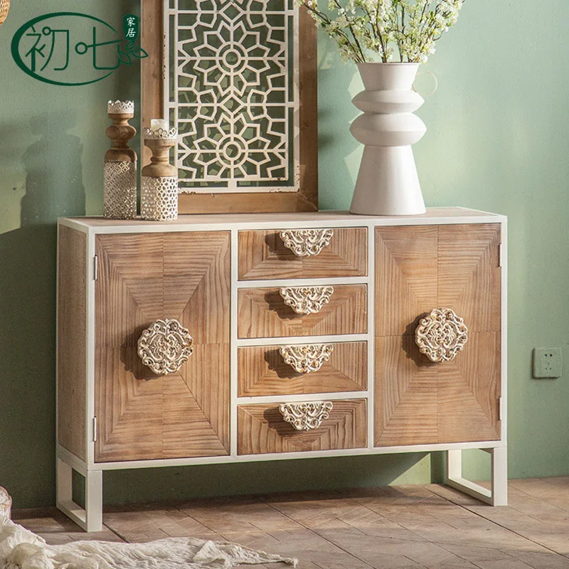 Retro carved porch cabinet, large space storage locker, American-style solid wood antique dining side cabinet