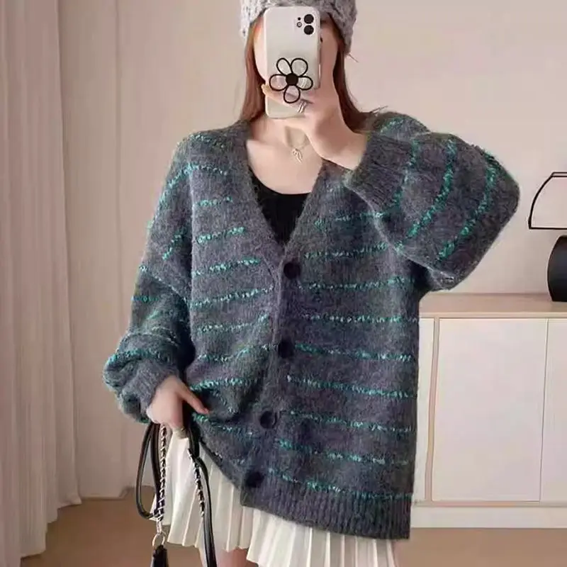 

Korean Dopamine Stripes Contrasting Color Knitted Cardigan Loose Lazy Style Soft Glutinous V-neck Sweater Jacket