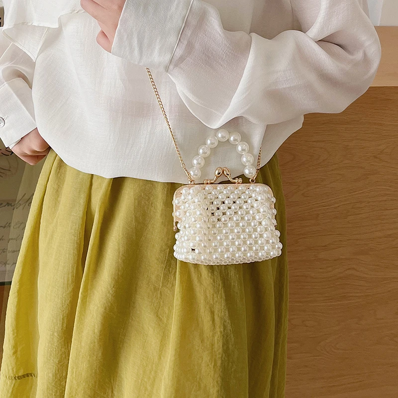 Luxuriöse Designer-Damentasche, handgefertigte Perlen-Tasche, neue Ketten-Schulter-Crossbody-Tasche, Mini-Lippenstift-Etui, Vintage-Perlen-Abendtasche – Detail 1