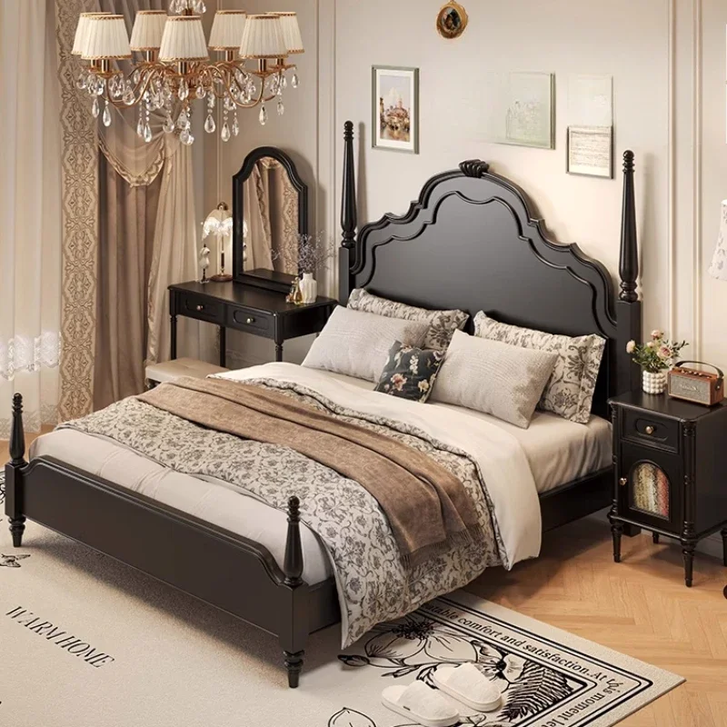 

American retro all solid wood ， black premium double , French , master bedroom wedding bed, new model
