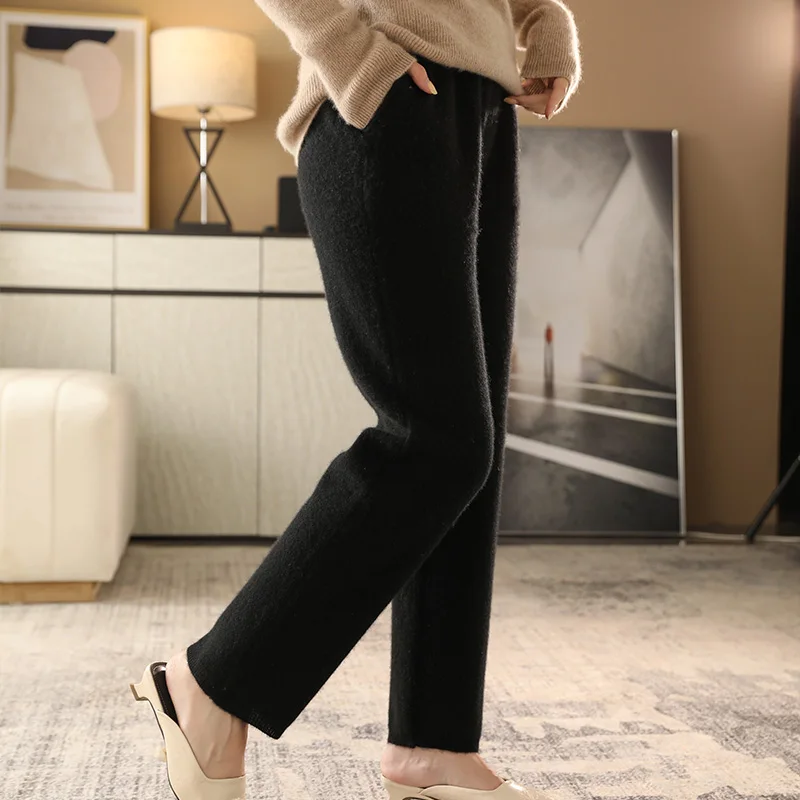 2022 Autumn/Winter New Women\'s High-Waisted Feet Pants 100% Pure Wool Casual Knitted Carrot Pants Trousers Tight Pants