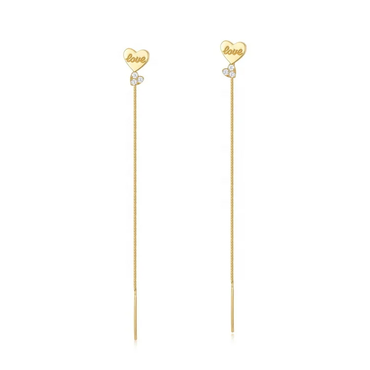 

Hotsale 14K Solid Gold Love Heart Earrings Wholesale High Quality Dainty Women Girl Thread Long Earrings