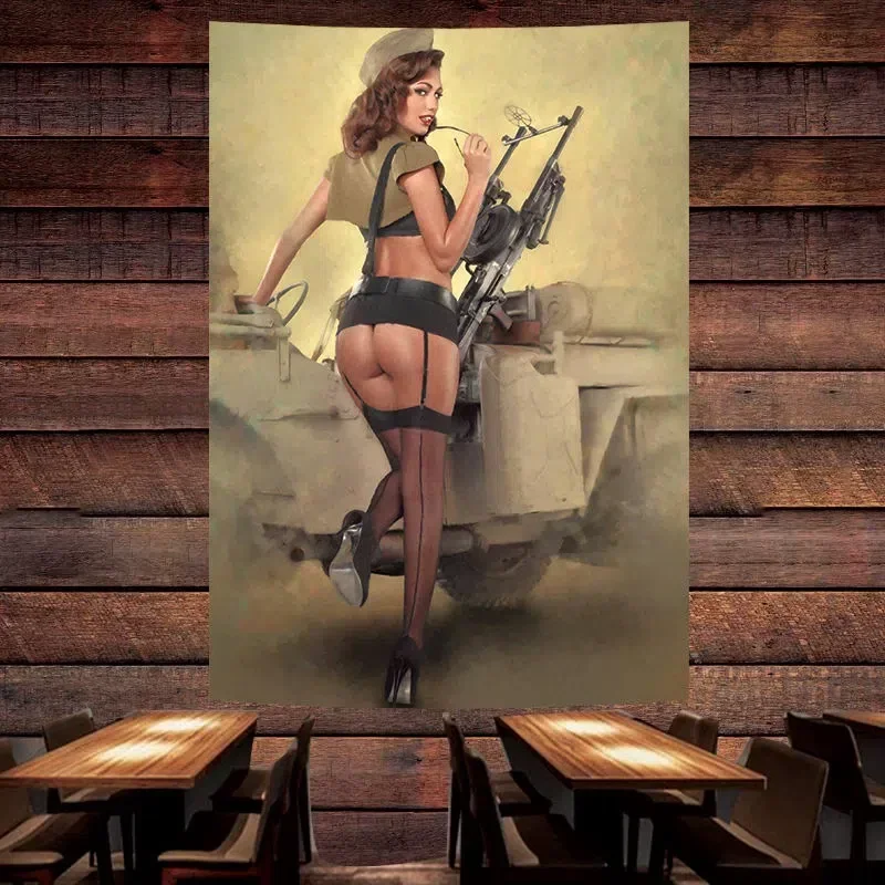 Sexy Machine Gunner Poster Banner Seductive Pin Up Art Flag Wall Painting Tapestry Bar Cafe Pub Man Cave Wall Decoration Sticker