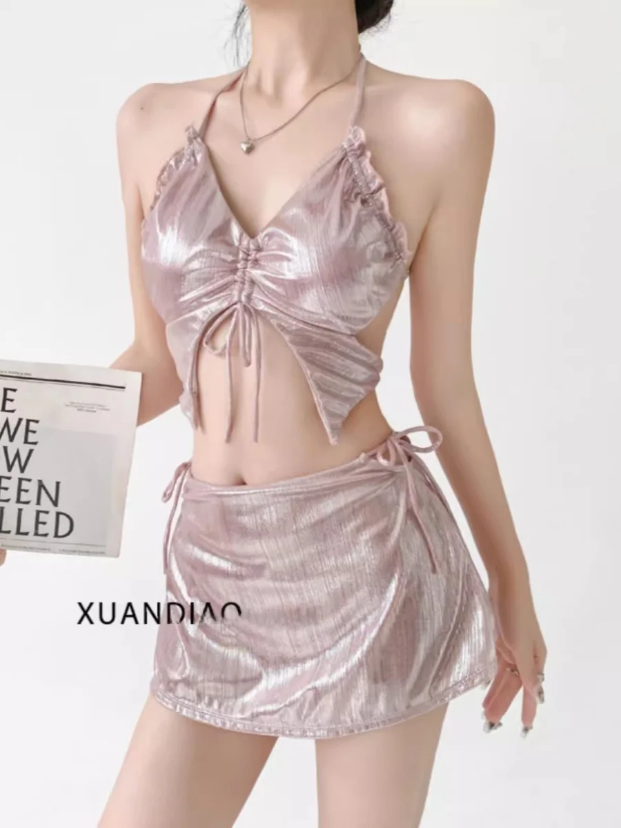 

iny Pink Bikini Swimwear Women's Thermal Spa Vaion Skirt Sle Sexy Girl Swimsuit V-ne e Bikini with Chest Pad