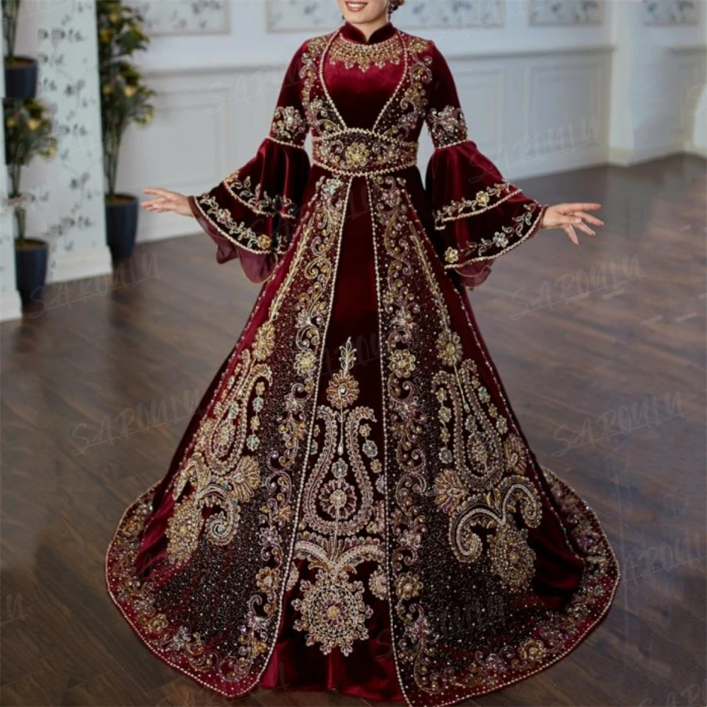 Arabisches A-Linie-Abschlussballkleid, muslimisches Luxus-Türkischer Sultan-Party-Abendkleid, mit Juwelen besetzt, maßgeschneidert