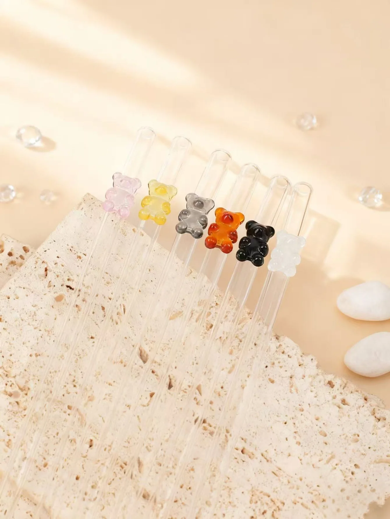 1/6PCS Crystal Bear Glass Straw Set, Reusable for Smoothies Boba Juice, Party Daily Use, Beach Vacations Celebrations Charm