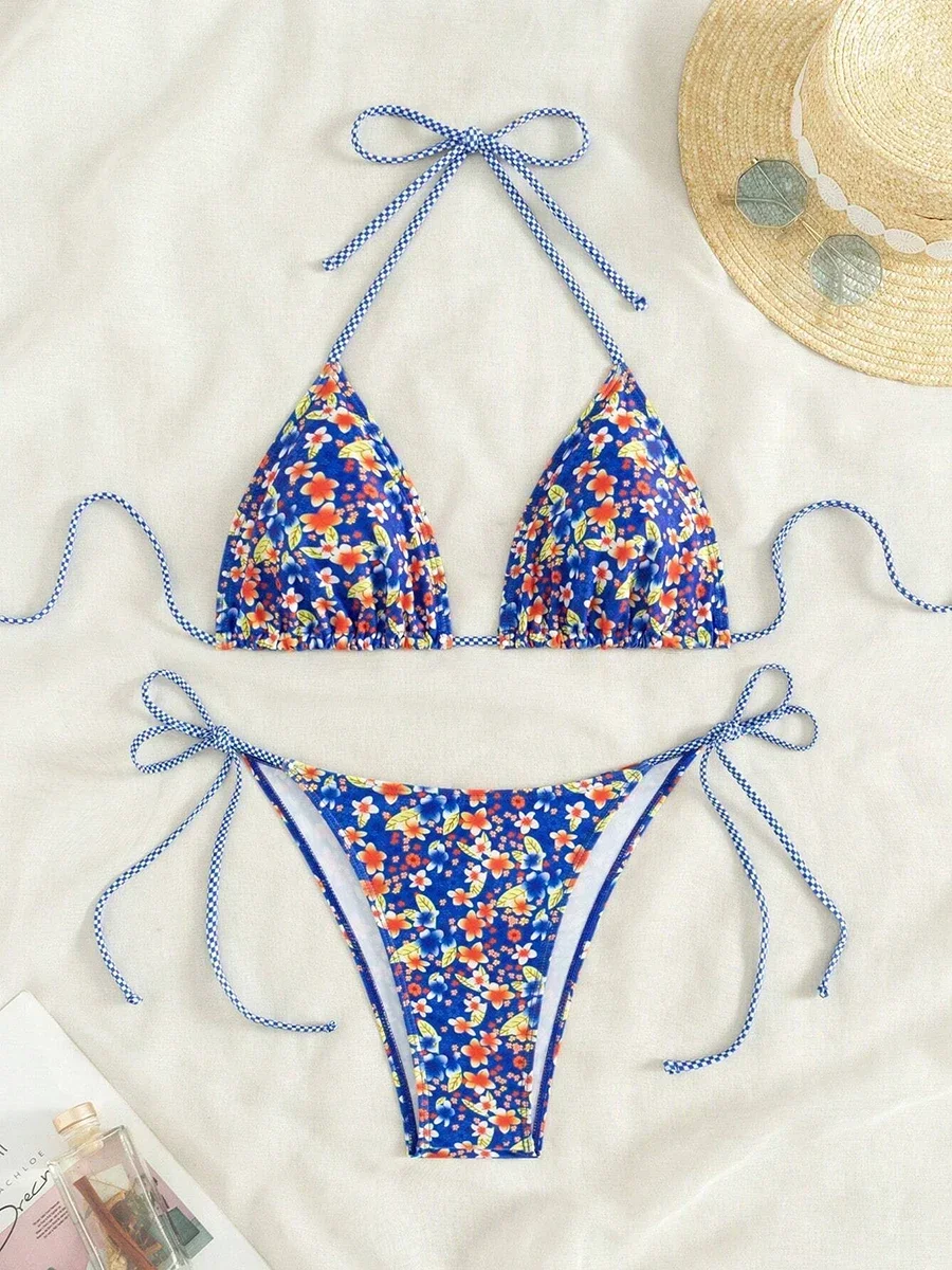 Swimsuit 2025 Female Micro Bikini Women Swimwear Summer Beachwear Women\'s Bathing Suit Floral Print Neck Halter Thong Bikini Set
