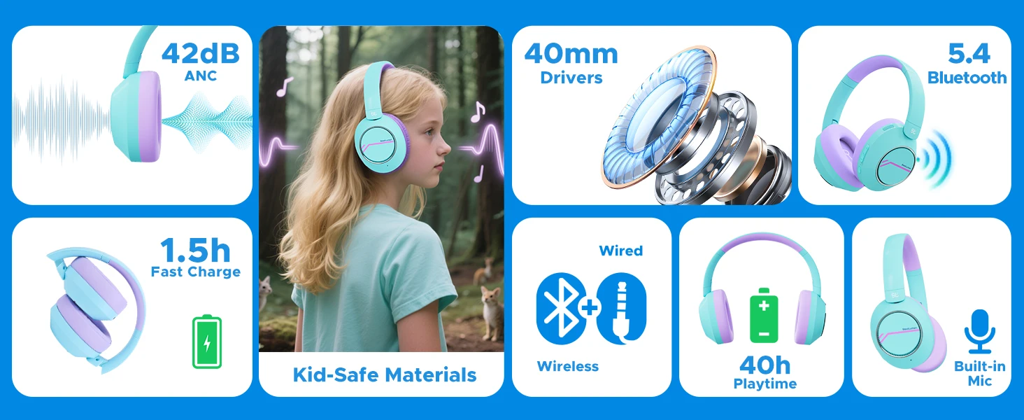 Kabellose Bluetooth-Kopfhörer für Kinder, aktive Geräuschunterdrückung, sichere Lautstärke, faltbares Headset mit Mikrofon für Kinder und Teenager – Detail 2