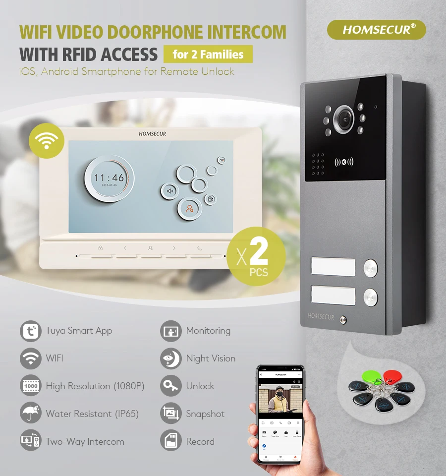 

HOMSECUR WIFI Video Doorphone Entry Intercom Outdoor Monitoring 4 Wire Tuya For 2 Familiespp