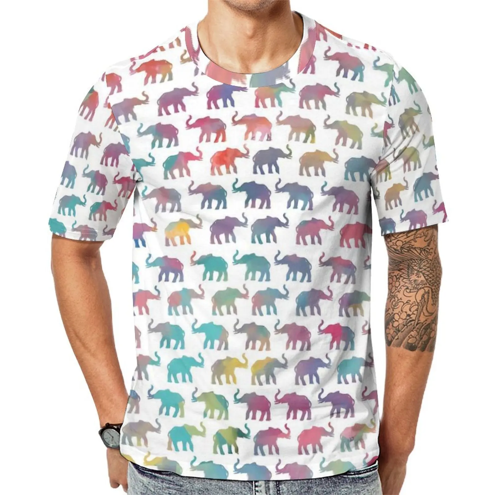 Colorful Elephant T Shirt For Men Elephants on Parade O Neck T Shirts Original Retro Tops Short Sleeve Big Size Tee Shirt
