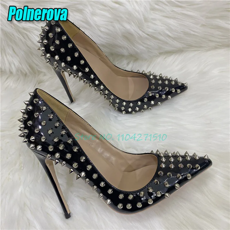 

Sexy Rivet Pointed Toe High Heels for Women Summer New Black Patent Leather Stiletto Pumps Party Nightclub Female Shoes Big Size