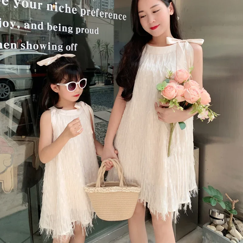 Family Bow Mother and Daughter Equal Dresses Elegant 2024 Summer Mom and Baby Girl Matching Vacation Look Clothing Women Dress