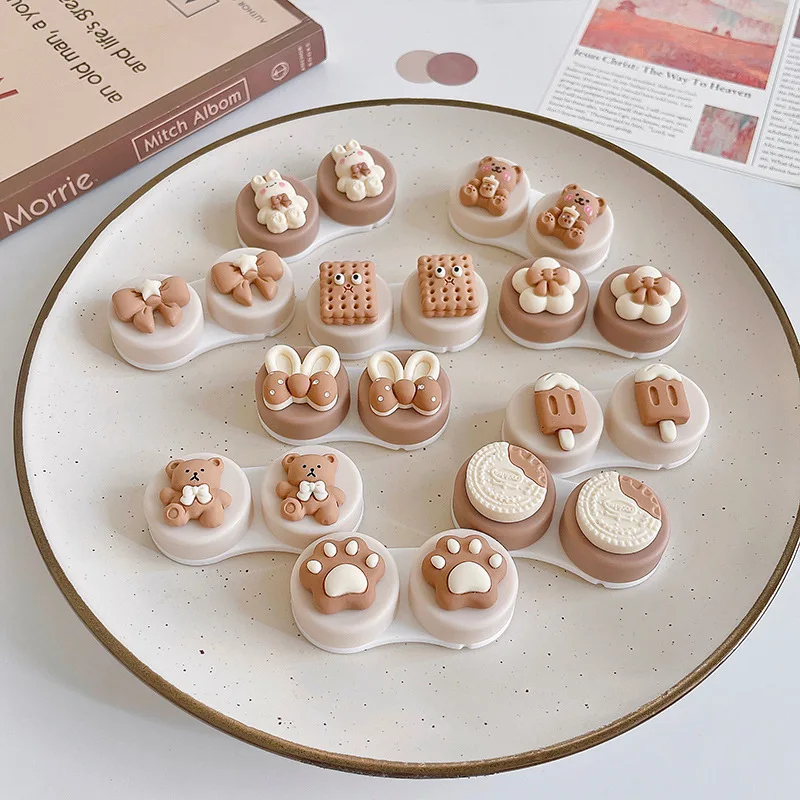 Kawai الكرتون عدسات لاصقة صندوق القهوة الفاكهة البطيخ Bowknot عدسات لاصقة ستيريو للعيون صندوق العناية بالعين مع الملقط