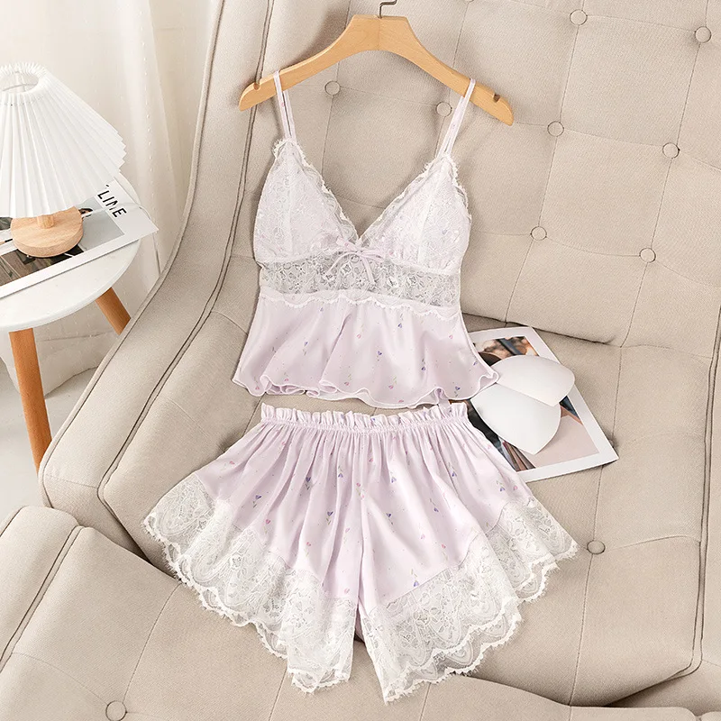 Summer Print Pyjamas Suit Women Sleepwear Lace Hollow Out Pajamas Set Sexy Strap Top&Shorts PJS Lingerie Satin Homewear