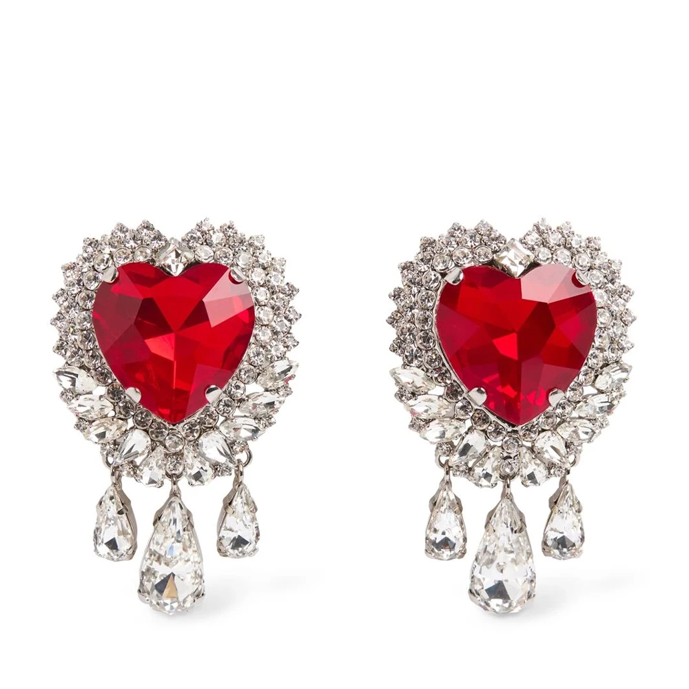 Stonefans Elegant Red Heart Ear Clip Earrings Drop Pendant for Women 2024 Trend Rhinestone Dangle Earrings No Piercing Jewelry