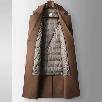 2025 Autumn/Winter New Men's 100% Wool Coat Knee length Double breasted Goose Down Inner Tank Thickened for Warmth 3