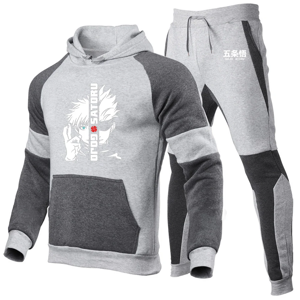 Anime Jujutsu Kaisen 2025 Men's New Patchwork Set Gojo Satoru Spring And Autumn Warm Casual Hoodie+Sports Pants Harajuku Suit