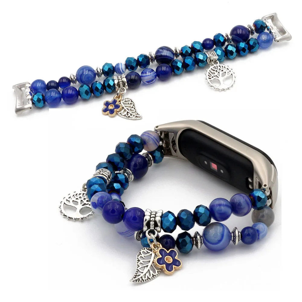 샤오미 미밴드 8/9/10 스트랩 주얼리 탄성 팔찌, 여성용 드레시 시계줄 블루 마노 크리스탈 비즈 참 장식