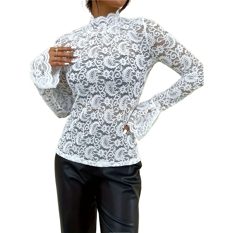 NEW-Womens Lace Tops Sheer Long Sleeve Tops For Women Casual Dressy Blouse Shirt