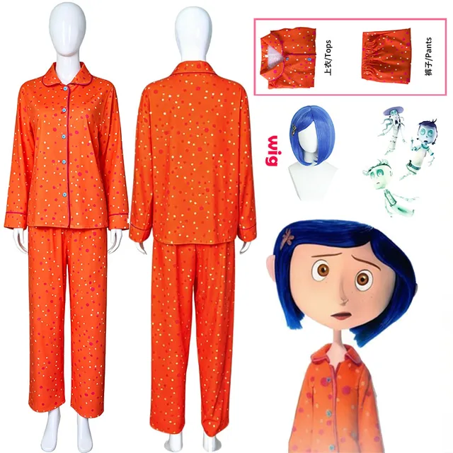 Piżama do cosplayu z filmu Coraline, pomarańczowa w kropki, zapinana na guziki, wygodny strój do noszenia w domu, zgrabne szwy, zestaw na Halloween, występy i rekonstrukcje.