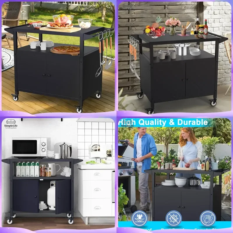 Outdoor Kitchen Cart with Lockers Wheels and Cutlery Hooks Rolling Utility Trolley for Cooking BBQ Serving Storage Mobile