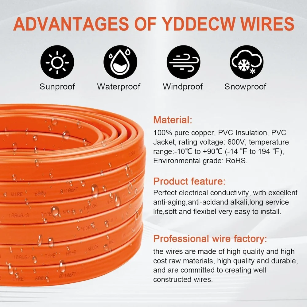 أدوات وتحسين المنزل 10 AWG 3 موصل NM-B كابل 50FT 10/3 مع سلك نحاسي أرضي نقي للاستخدام السكني الداخلي