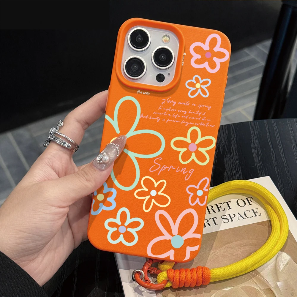 Candy Flowers Hand Wrist Strap Leather Phone Cases For iPhone 17 13 11 12 Pro Max Plus 15 14 16 XR XS 17 Air With Lanyard Cover view 3