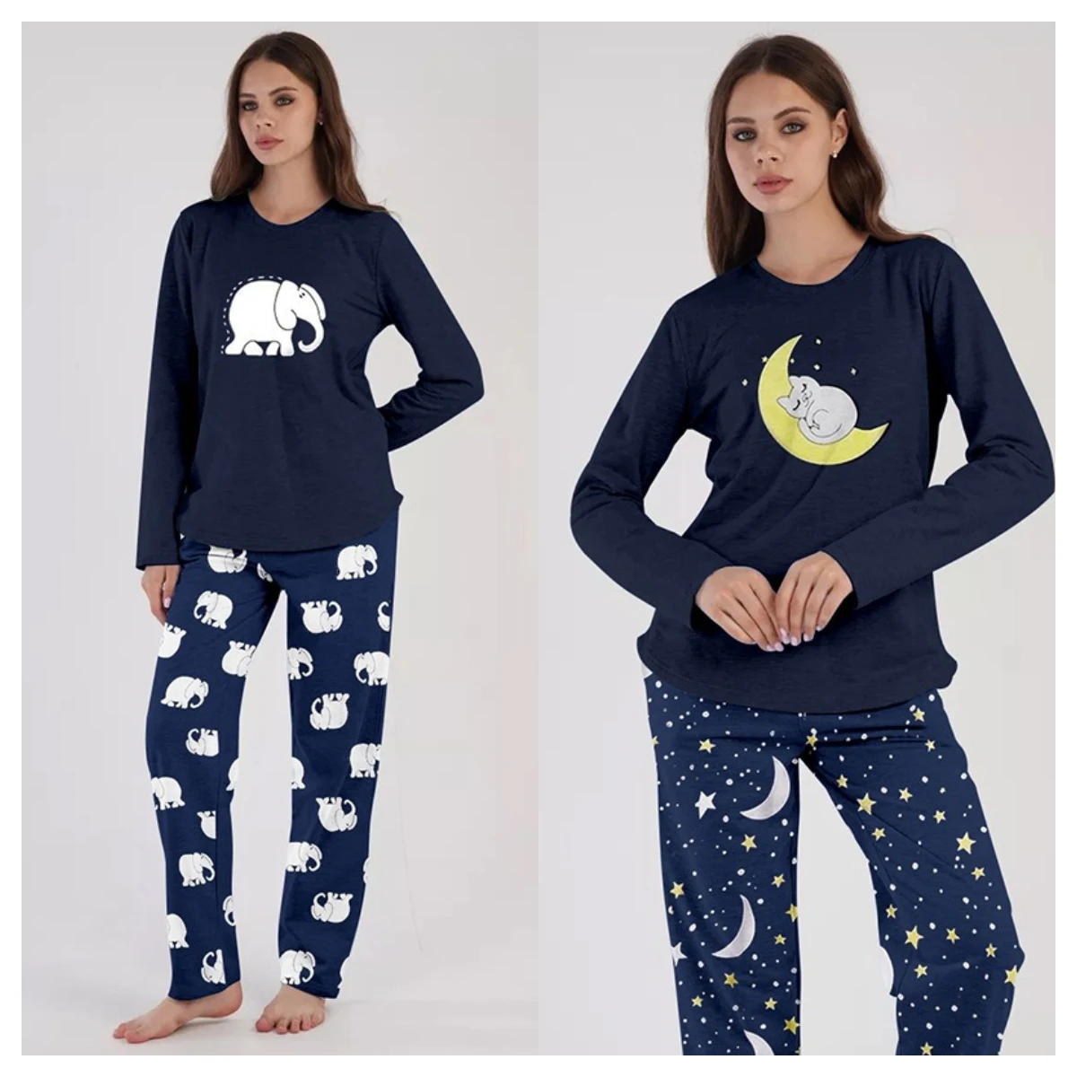 2PCS/Set Women Clothes Casual Pajamas Cute Sweet Cartoon Print Moon Elephant Pattern Ladies Floral Long-Sleeved Spring Homewear