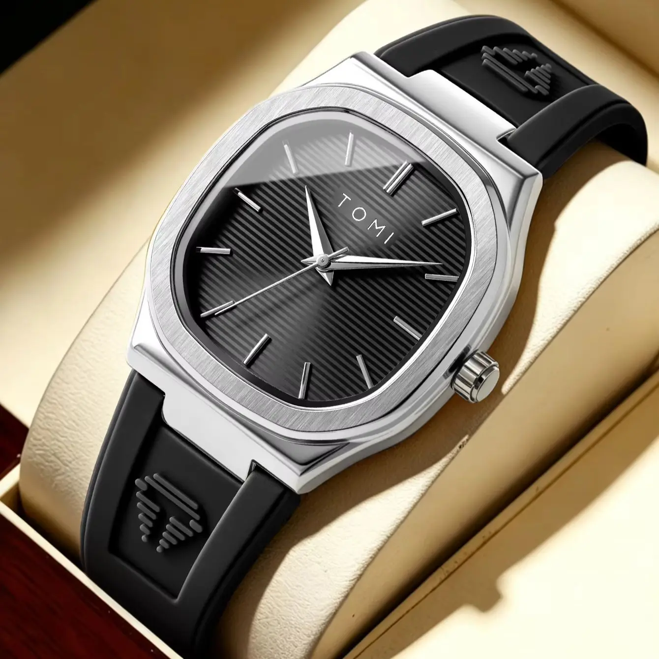 TOMI 2026 New Fashion Men's Quartz Watch Simple Square Dial Rubber Strap Waterproof Analog Wristwatch image 5