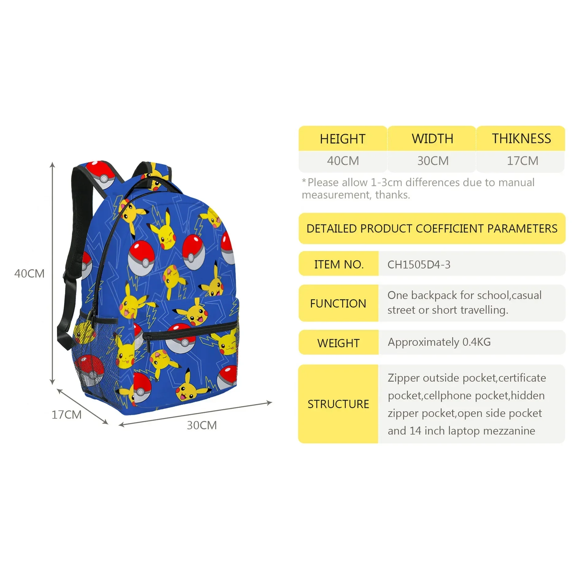 MINISO Pikachu Pet Elf Pokemon Pikachu Primary and Middle School Students Schoolbag Boys Girl Anime Cartoon School Bag Mochila