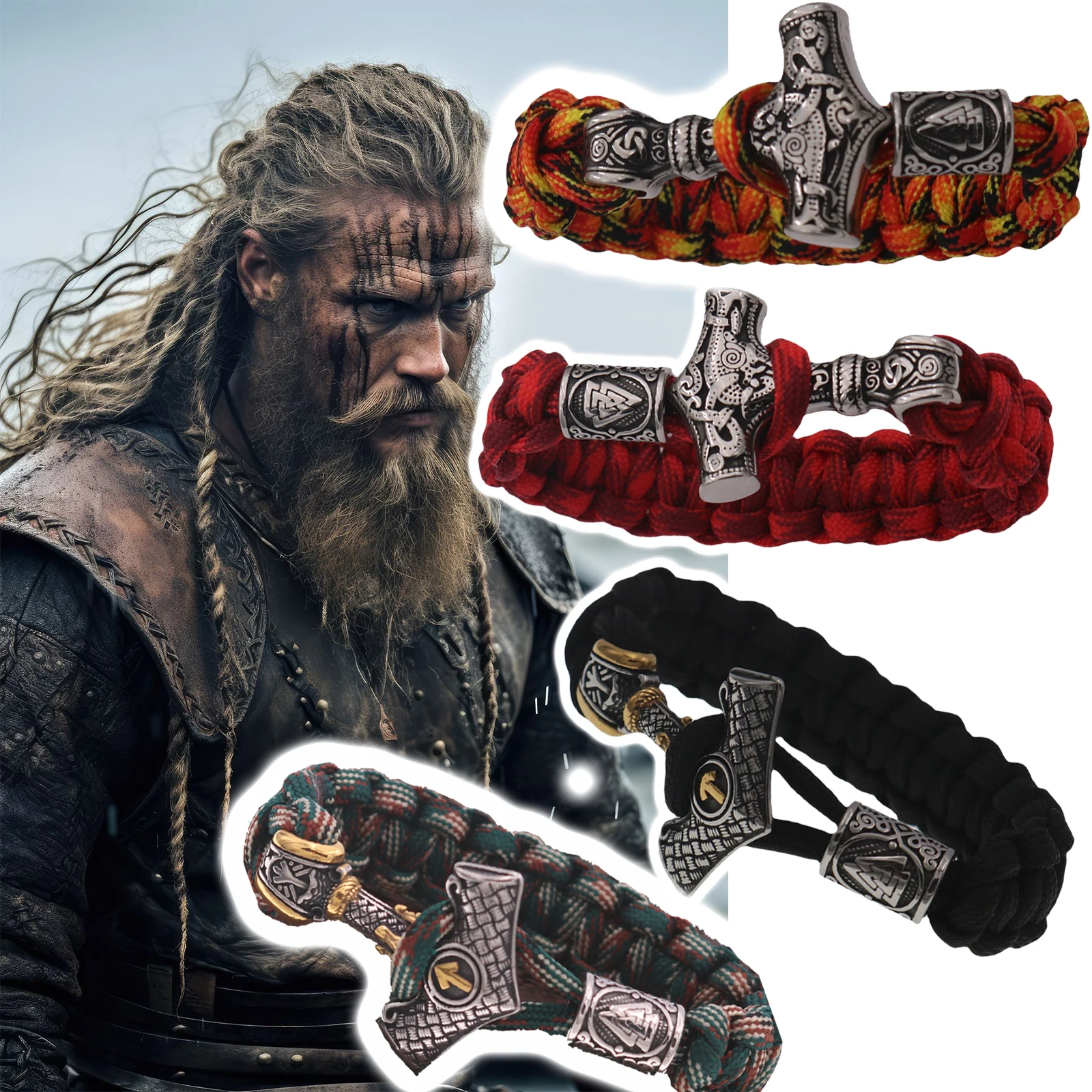 

Men's Viking Camo Paracord Thor's Hammer Stainless Steel Bracelet Odin Rune Celtic Knot Titanium Steel Jewelry