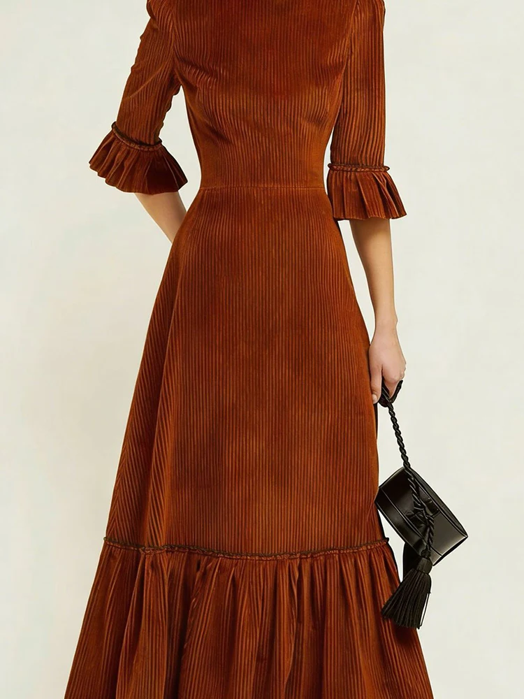 Spring New Women Simple Commute Maxi Dress Vintage Corduroy Solid Color Slim Dress Elegant Half Sleeve High Waist Pleated Dress