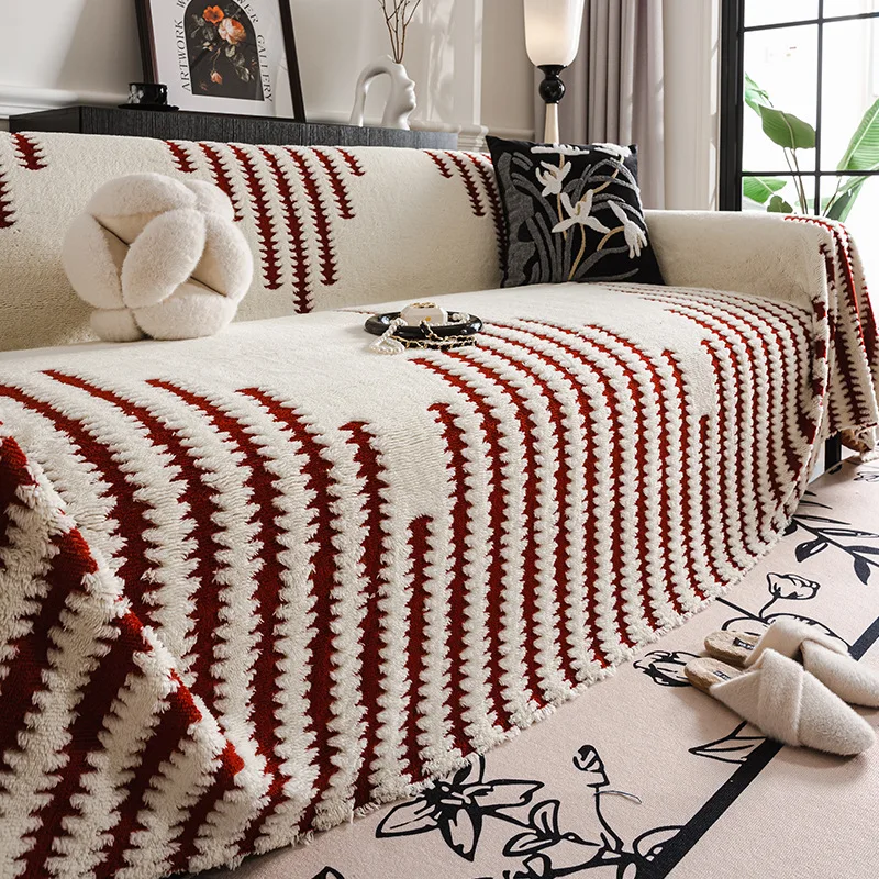 High-End Fishbone Patterned Plush Sofa Towel Anti-Slip Protection Couch Covers for Living Room Anti-Scratch Furniture Slipcover