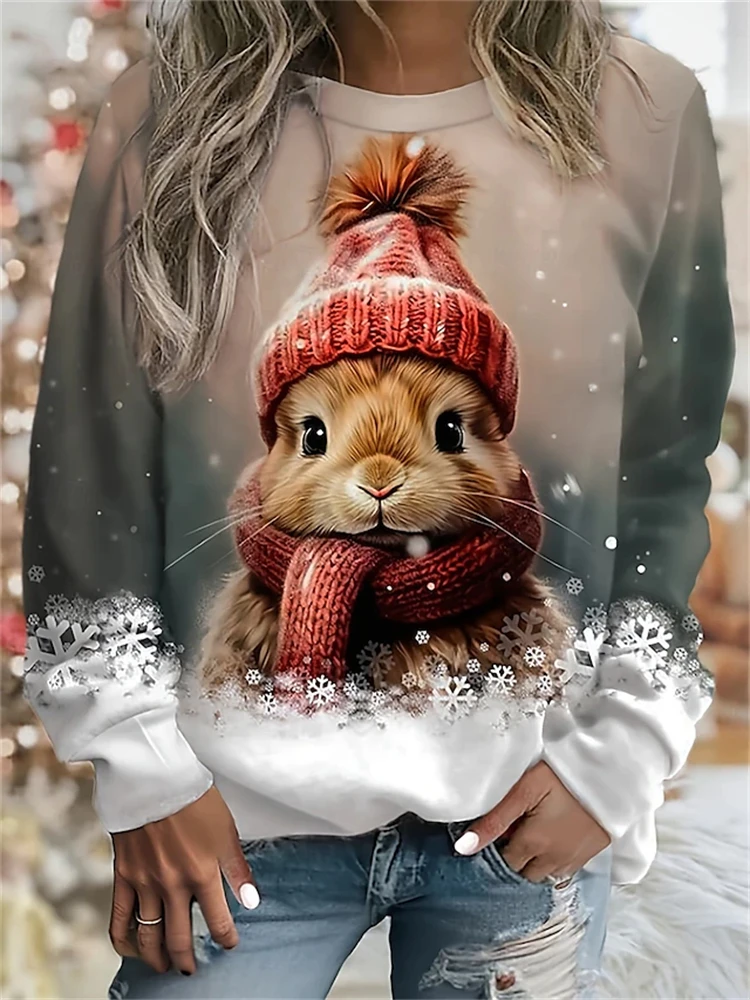 2024 New Cute Cat Three-dimensional Printing Sweater Women's Round Neck Long-sleeved Fall Casual Pullover Tops Casual Home Shirt